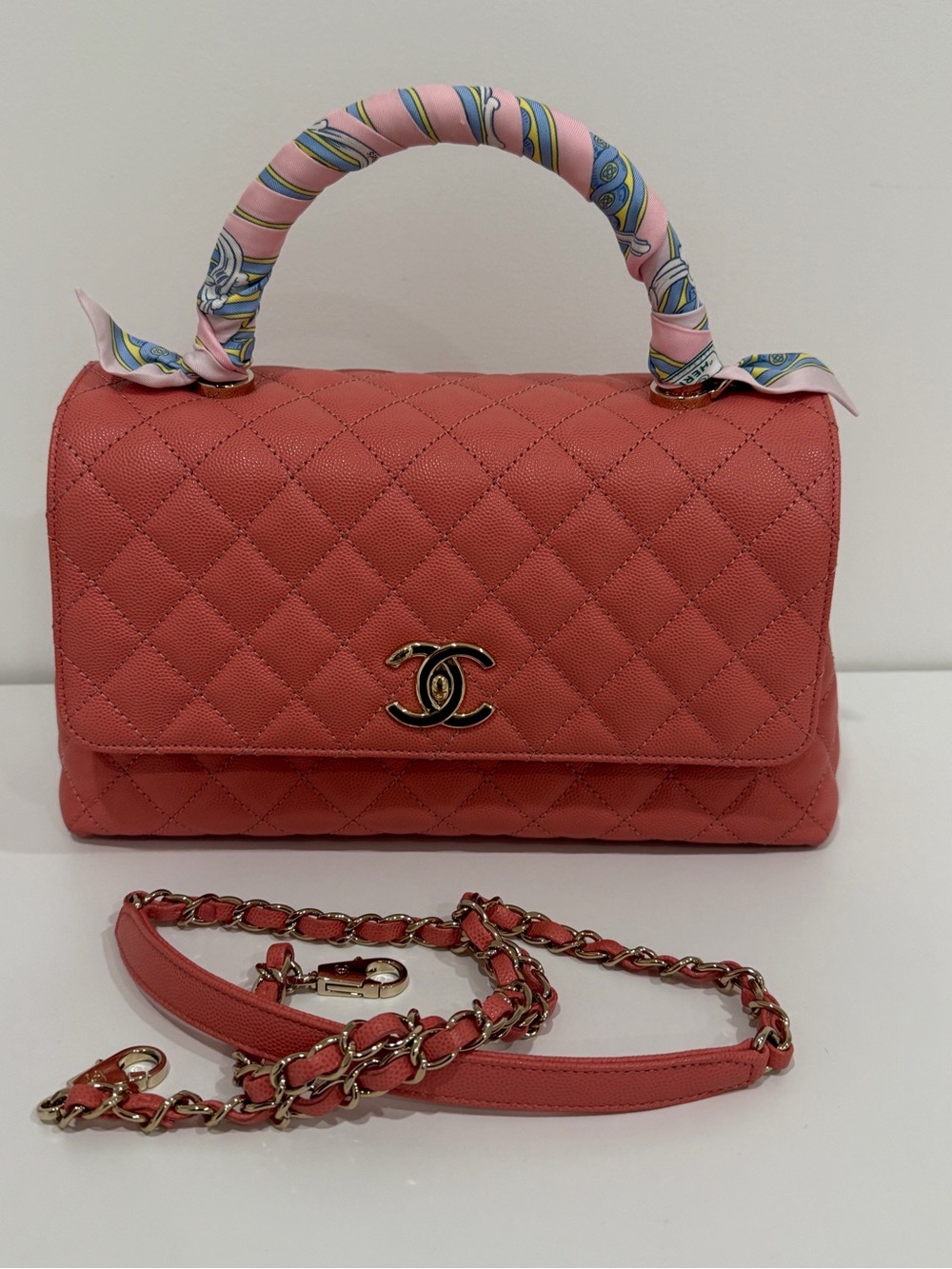 Chanel Quilted Top-Handle Shoulder Bag in Coral excellent condition